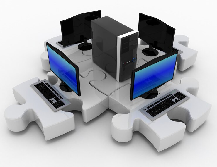 3D-Rendering von Laptop und Server verbinden sich in Puzzles
