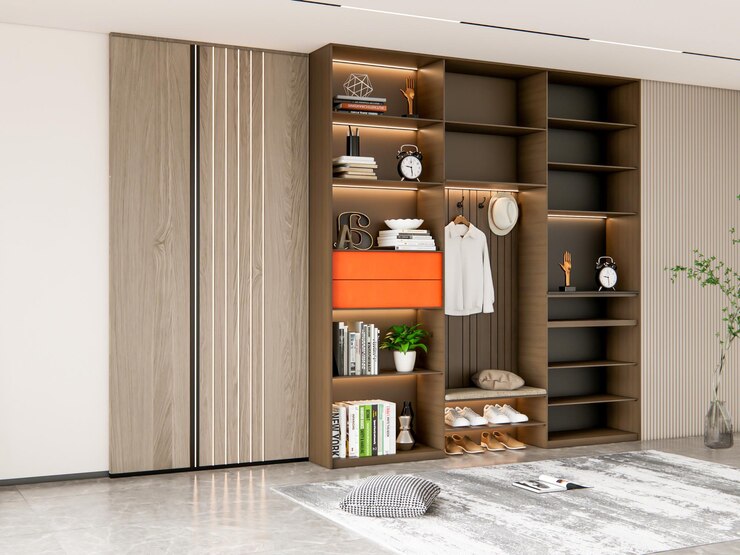 3D-Rendering von leeren Räumen mit offenen Regalschränken für die Dekoration von Möbeln