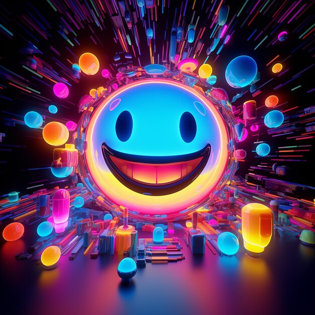 3D-Rendering von leuchtend farbigen Smiley-Gesichtern mit buntem Hintergrund