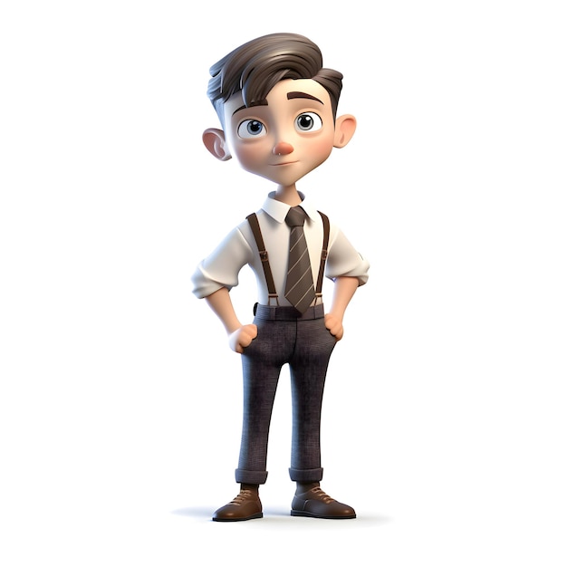 3D-Rendering von Little Business Man mit Hosenträgern und Fliege