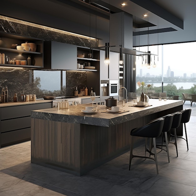 3D-Rendering von luxuriösem Innenarchitektur der Küche im abstrakten Hintergrund