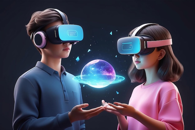 3D-Rendering von Mädchen-Jungen mit Visual-Reality-Brille, die Informationsplattform-Konzept der VR-Metaverse-Technologie 3D-rendering Illustration Cartoon-Stil