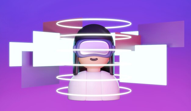 3D-Rendering von Mädchen mit Visual-Reality-Brille unter Verwendung des digitalen Plattformkonzepts der VR-Metaverse-Technologie 3D-Render-Illustration im Cartoon-Stil