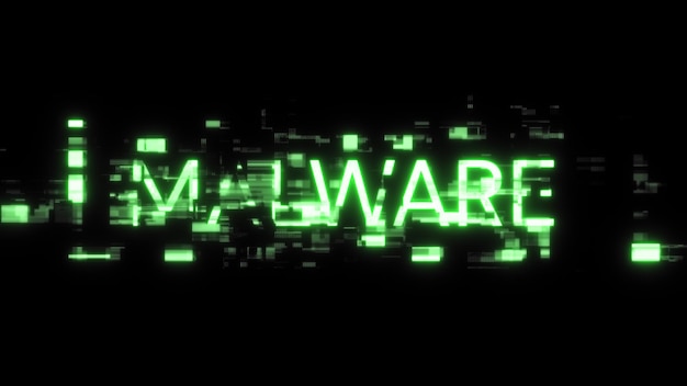 3D-Rendering von Malware-Text mit Bildschirm-Effekten technologischer Störungen