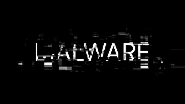 3D-Rendering von Malware-Text mit Bildschirm-Effekten technologischer Störungen