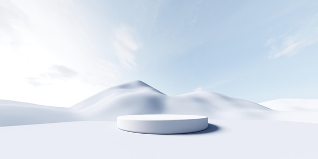3D-Rendering von Marry Christmas und Neujahrs-Grüßkarte mit Bäumen, Schnee und Podium