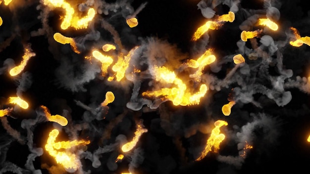 3D-Rendering von mehrfarbigen Feuerbällen, die entlang einer komplexen Flugbahn fliegen