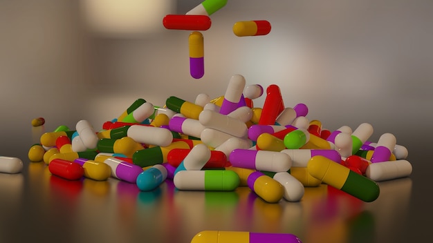 3D-Rendering von mehrfarbigen medizinischen Pillen, die von oben nach unten fallen