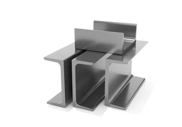 3D-Rendering von Metall- und Stahlprodukten für den Bau aus rostfreiem Stahlprofil