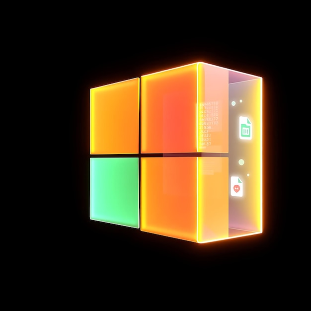 3D-Rendering von Microsoft-Logo in frostiertem mehrfarbigen Glas, das bei einer Neigung von 30° hell schwebt