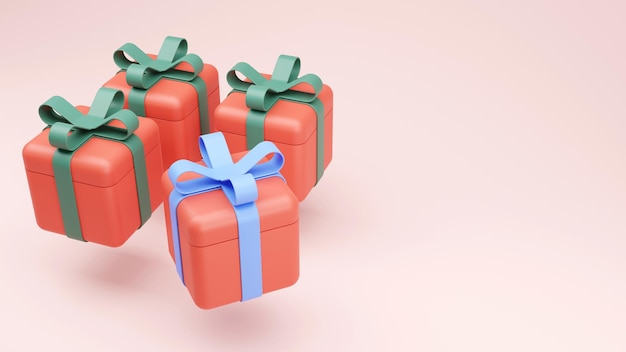 3D-Rendering von minimalen Geschenkboxen mit pastellfarbener Schleife auf farbigem Hintergrund