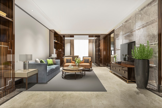 3D-Rendering von modernem Esszimmer und Wohnzimmer mit luxuriösem Dekor