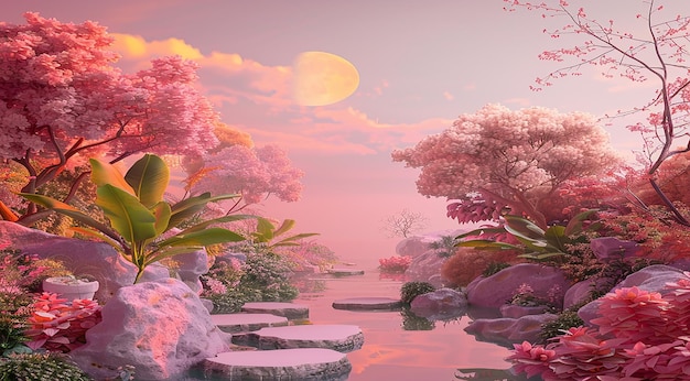 3D-Rendering von Naturlandschaften mit traumhafter Ästhetik und Farbe des Jahres