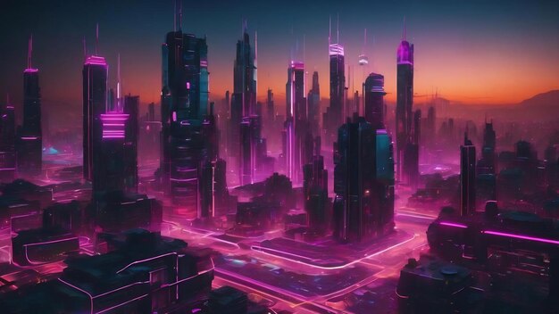 3D-Rendering von Neon und Licht, das in der dunklen Szene leuchtet Cyber-Punk-Nachtstadt Konzept Nachtleben Technologie