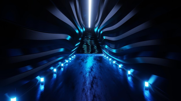 3D-Rendering von neonblauem Tunnel abstrakter Korridor blauer Hintergrund