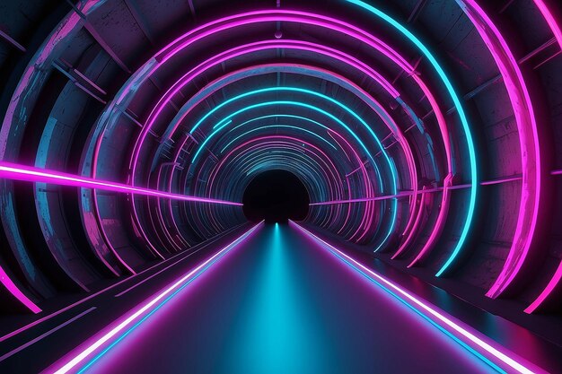 Foto 3d-rendering von neonlicht gegen einen dunklen tunnel laserleuchtung