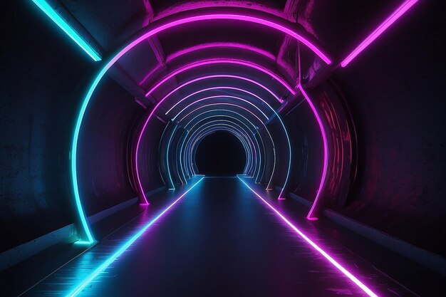 3D-Rendering von Neonlicht gegen einen dunklen Tunnel Laserleuchtung