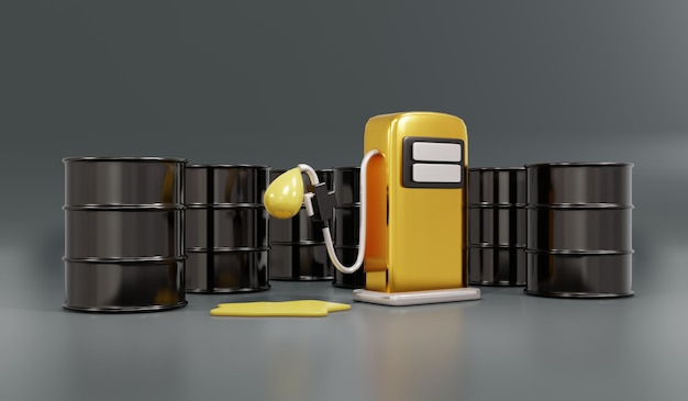 Foto 3d-rendering von ölfass und kraftstoffpumpendüsenkonzept des rohstoffölaktienkurses finanz-3d-renderillustration im cartoon-stil