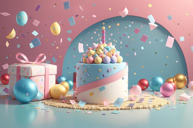 3D-Rendering von Party-Popper-Geschenkkisten, Kuchen und Konfetti mit leerem Papier, Kopierraum in Pastell-Themen, Banner-Hintergrund, 3d-Render-Illustration