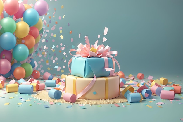 3D-Rendering von Party-Popper-Geschenkkisten, Kuchen und Konfetti mit leerem Papier, Kopierraum in Pastell-Themen, Banner-Hintergrund, 3d-Render-Illustration