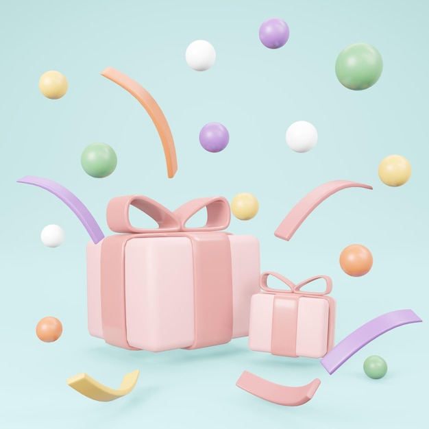 3D-Rendering von Pastell-Geschenkbox und Konfetti explodieren auf blauem Hintergrund Konzept des Geburtstags überrascht. 3D-Rendering. 3D-Darstellung. Minimale Designvorlage. Quadratischer Rahmen.