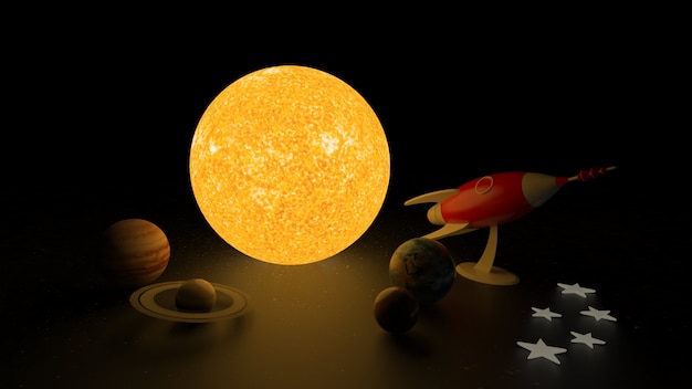 3D-Rendering von Planeten und Raketen.