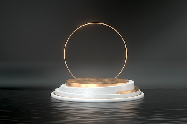 Foto 3d-rendering von podium und goldenem ring