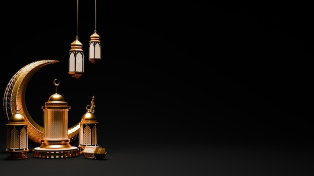3D-Rendering von Ramadan-Hintergrund mit Laterne und islamischen Ornamenten für Bannervorlage