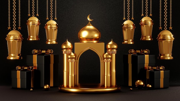 3D-Rendering von Ramadan Podium Mockup Dome Islamische arabische goldene Gebäude und luxuriöse Geschenkboxen