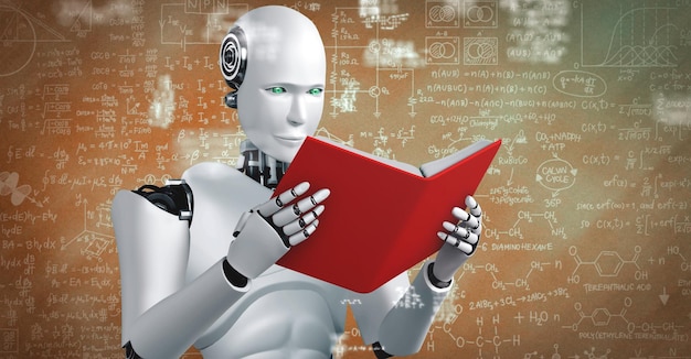 3D-Rendering von Roboter-Hominoiden, die Bücher lesen und Mathematik lösen