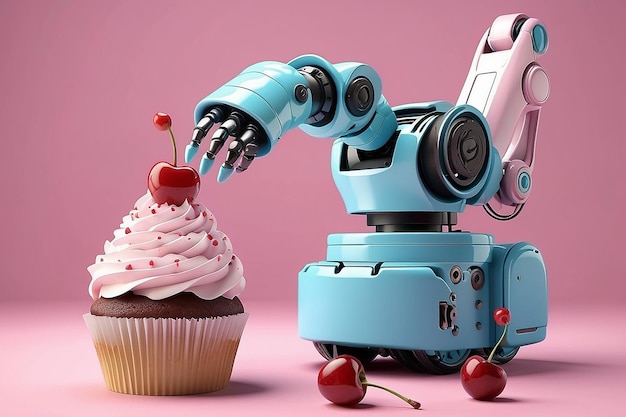 3D-Rendering von Roboterarm, der Kirschen auf Cupcake-Bildgebung legt