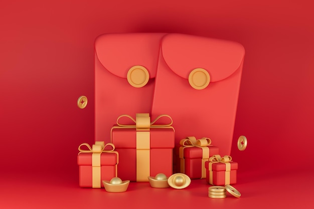 3D-Rendering von roten Umschlägen und Geschenke Illustration.