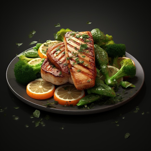 3D-Rendering von Savory Delight White Fish Fillet Steak mit Grünen