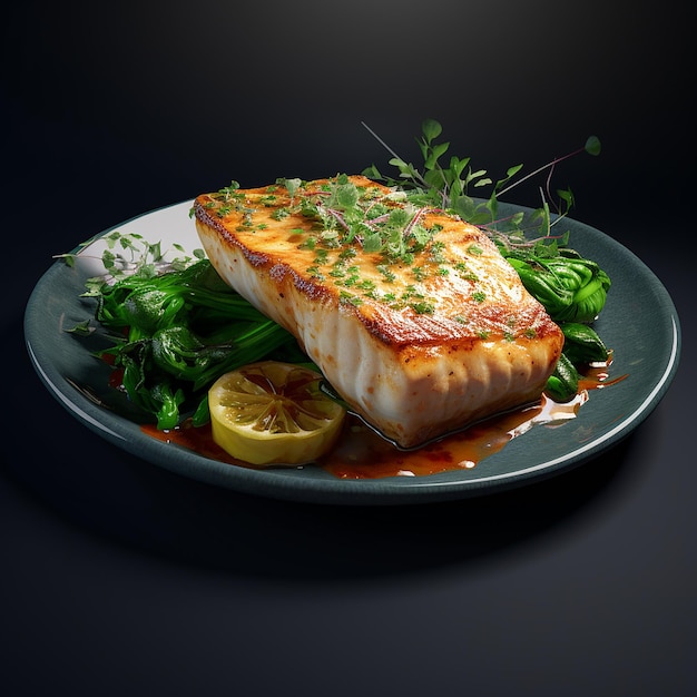 3D-Rendering von Savory Delight White Fish Fillet Steak mit Grünen