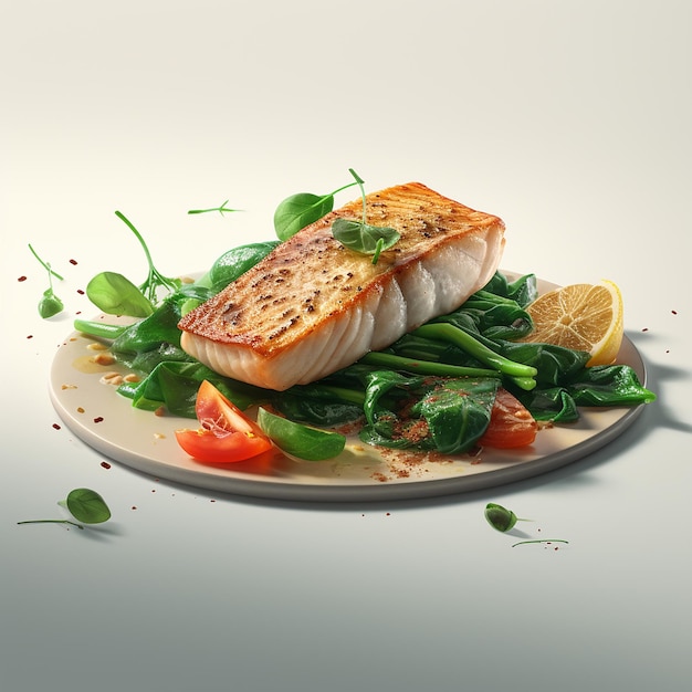 3D-Rendering von Savory Delight White Fish Fillet Steak mit Grünen