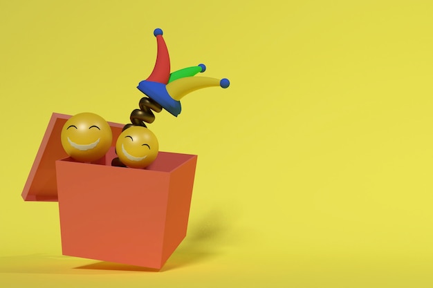 3D-Rendering von Scherzbox- und Lächeln-Emoticons für den Aprilscherz