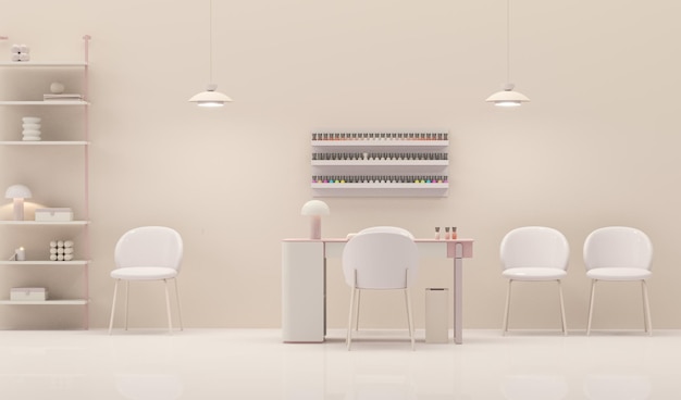 3D-Rendering von Schönheits- und Nagelsalons auf beige und rosa Hintergrund 3D-Illustration eines luxuriösen Schönheitsstudios