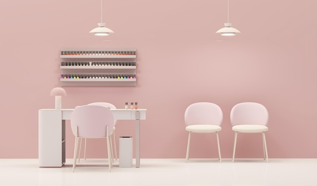 3D-Rendering von Schönheits- und Nagelsalons auf pastellrosa Hintergrund 3D-Illustration eines luxuriösen Schönheitsstudios