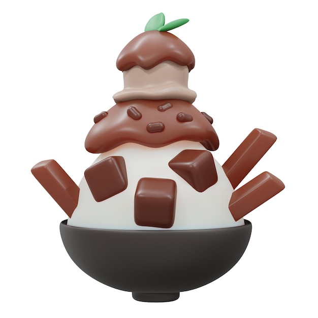 Foto 3d-rendering von schokoladenroter bohne, die bingsu-rasiertes eis isoliert auf weißem 3d-render-cartoon-stil