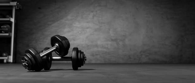 3D-Rendering von schwarzen Hanteln auf dem Boden in einem dunklen Fitnessraum mit Trainingsgeräten