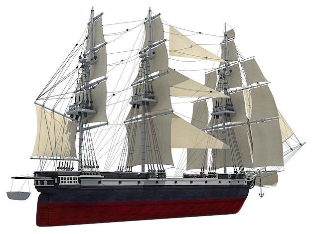 3D-Rendering von Segelschiffen auf weißem Hintergrund