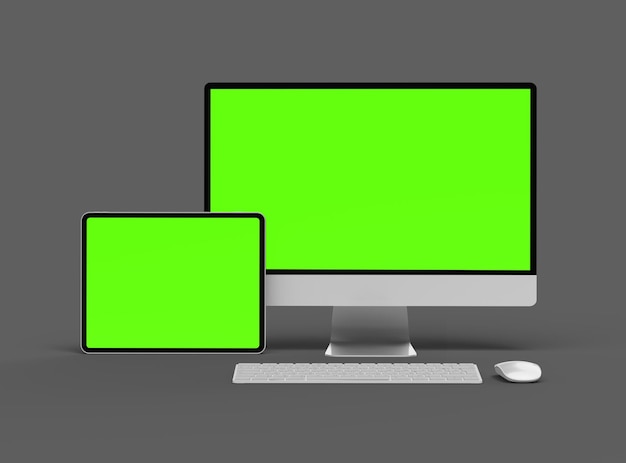 3D-Rendering von Smartphone-Tablet-Desktop mit grünen Bildschirmen auf dunklem Hintergrund