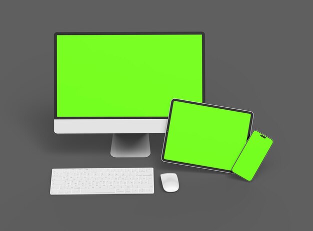 3D-Rendering von Smartphone-Tablet-Desktop mit grünen Bildschirmen auf dunklem Hintergrund