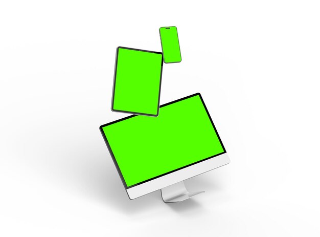 3D-Rendering von Smartphone-Tablet-Desktop mit grünen Bildschirmen auf einem hellen Hintergrund