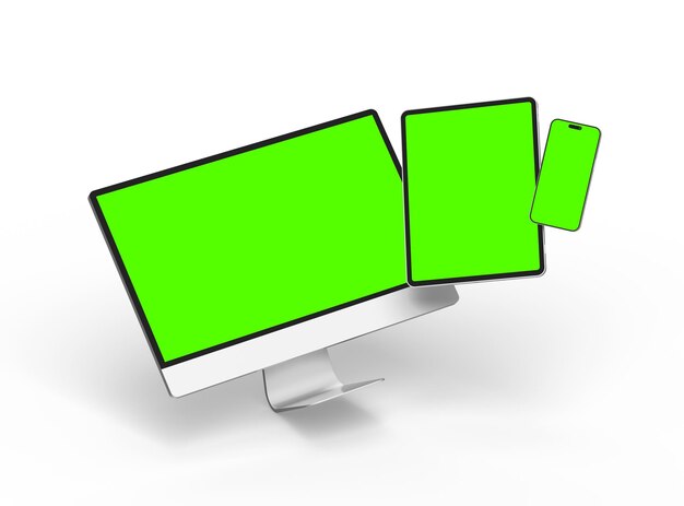 3D-Rendering von Smartphone-Tablet-Desktop mit grünen Bildschirmen auf einem hellen Hintergrund