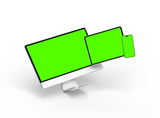 3D-Rendering von Smartphone-Tablet-Desktop mit grünen Bildschirmen auf einem hellen Hintergrund