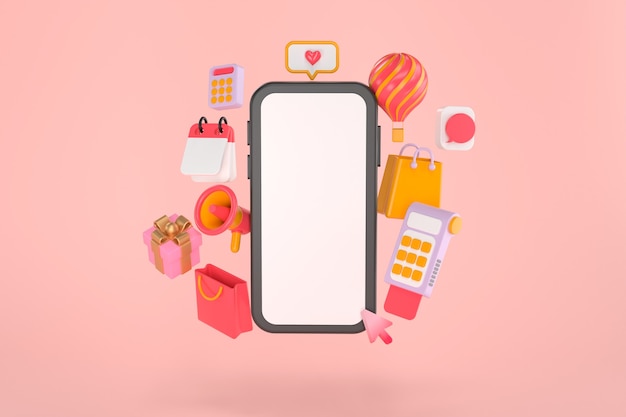 3D-Rendering von Smartphone und Online-Shopping.