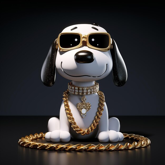 3D-Rendering von Snoopy-Hund mit glänzender Gold- und Diamantkette im Hip-Hop-Stil