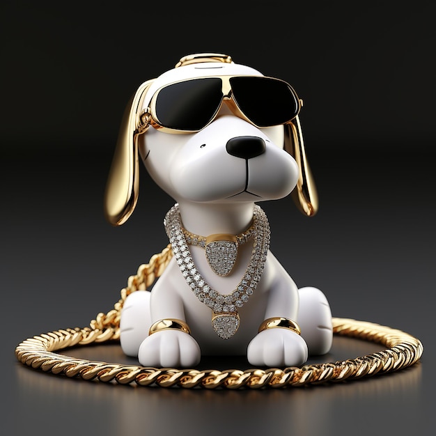 3D-Rendering von Snoopy-Hund mit glänzender Gold- und Diamantkette im Hip-Hop-Stil