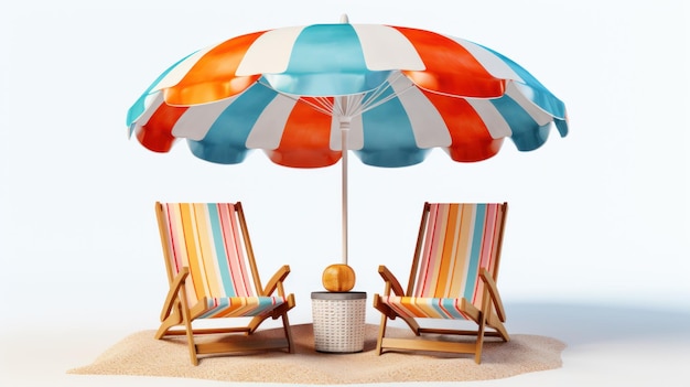 3D-Rendering von Sommerferien am Strand mit buntem Regenschirm und Strandstuhl